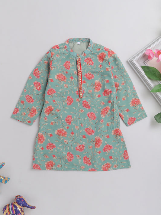 Floral Printed Mandarin Collar Full Sleeves Lace Embelished Kurta For Boys-Green
