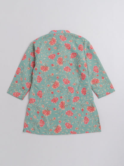 Floral Printed Mandarin Collar Full Sleeves Lace Embelished Kurta For Boys-Green