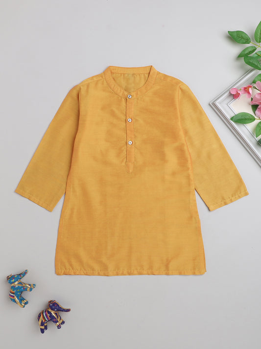 Mandarin Collar Full Sleeves Lace Embelished Kurta For Boys-Mustard