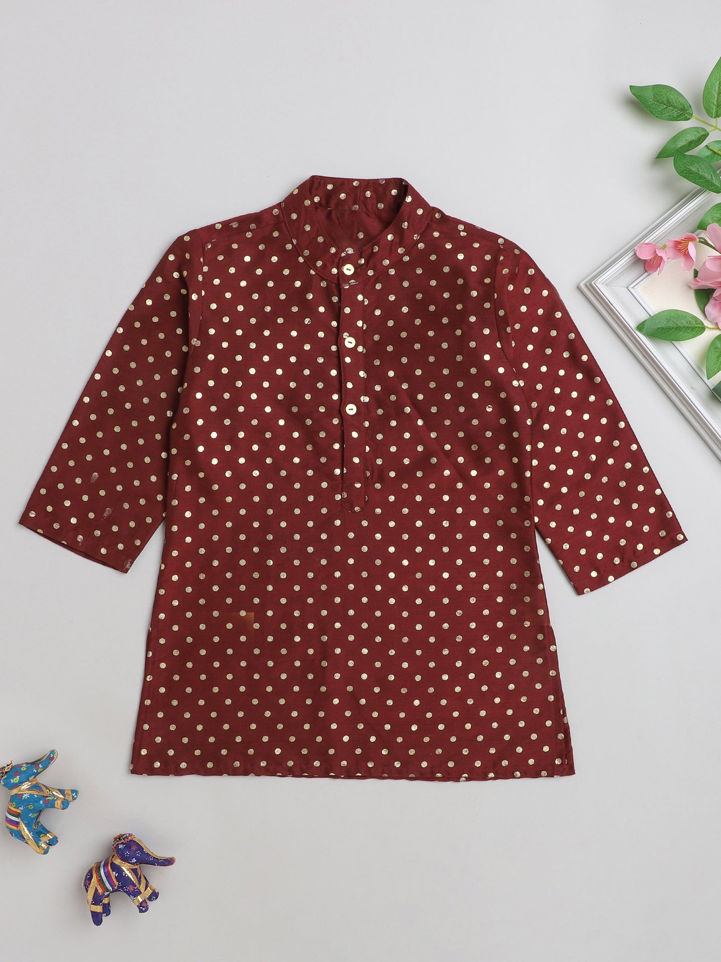 All Over Polka Dots Printed Mandarin Collar Full Sleeves Lace Embelished Kurta For Boys-Maroon