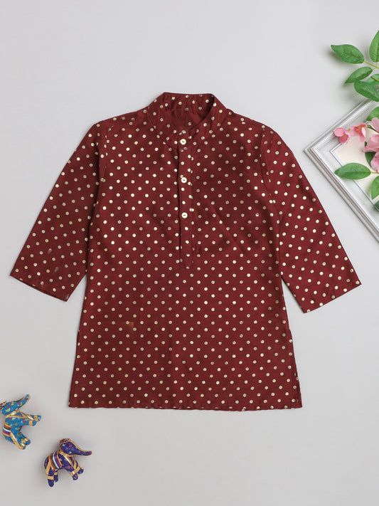 All Over Polka Dots Printed Mandarin Collar Full Sleeves Lace Embelished Kurta For Boys-Maroon
