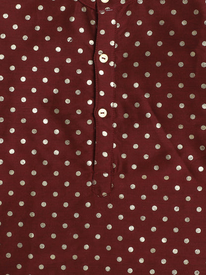 All Over Polka Dots Printed Mandarin Collar Full Sleeves Lace Embelished Kurta For Boys-Maroon