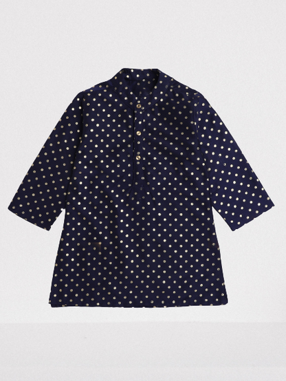 Full Sleeves Polka Dots Foil Printed Kurta - Navy Blue