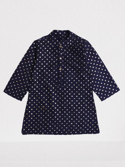 Full Sleeves Polka Dots Foil Printed Kurta - Navy Blue