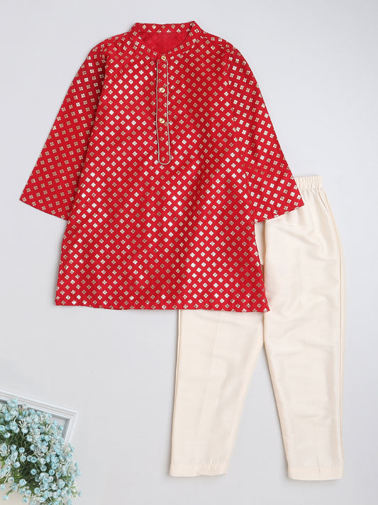 Full Sleeves Foil Printed Golden Piping Placket Kurta & Pyjama Set For Boys-Red
