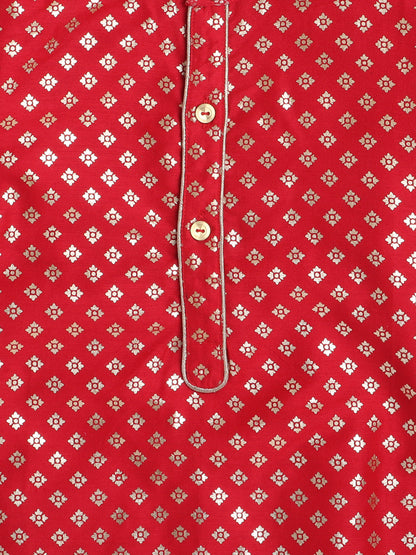 Full Sleeves Foil Printed Golden Piping Placket Kurta & Pyjama Set For Boys-Red