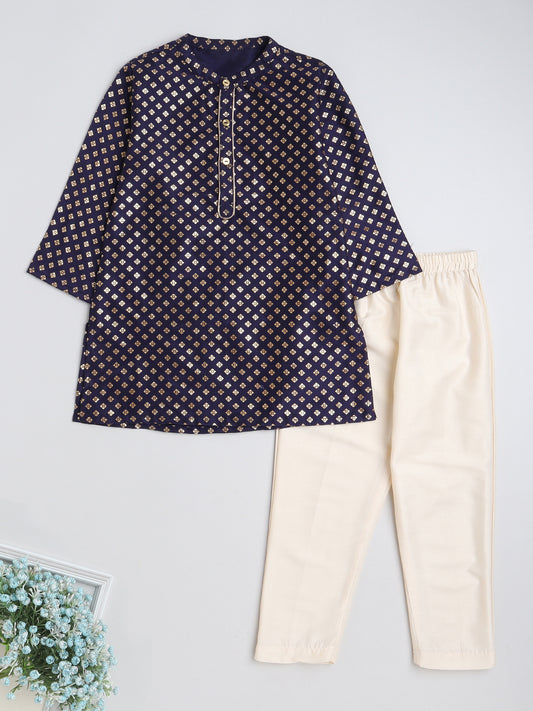 Full Sleeves Foil Printed Golden Piping Placket Kurta & Pyjama Set For Boys-Navy
