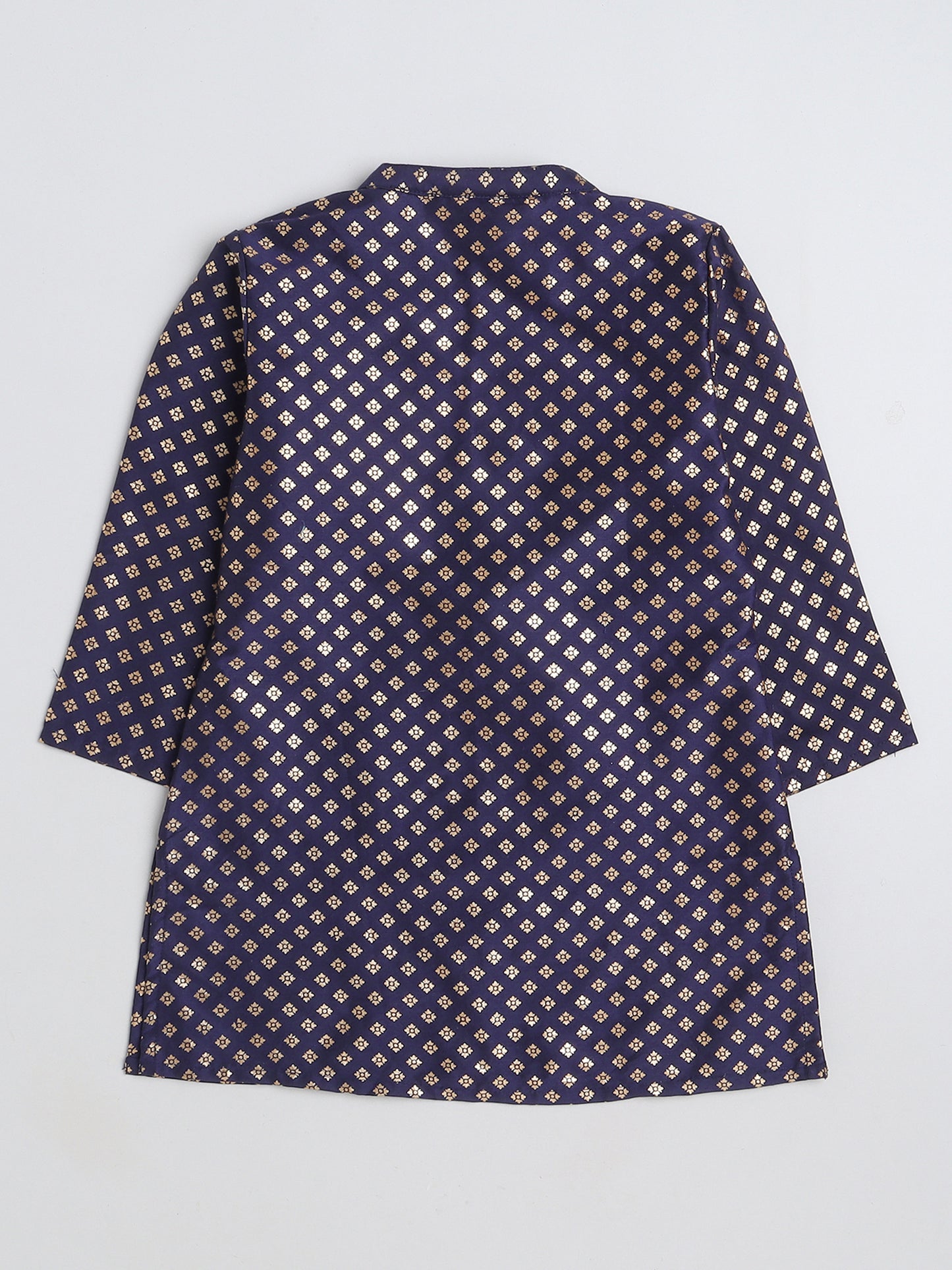 Full Sleeves Foil Printed Golden Piping Placket Kurta & Pyjama Set For Boys-Navy