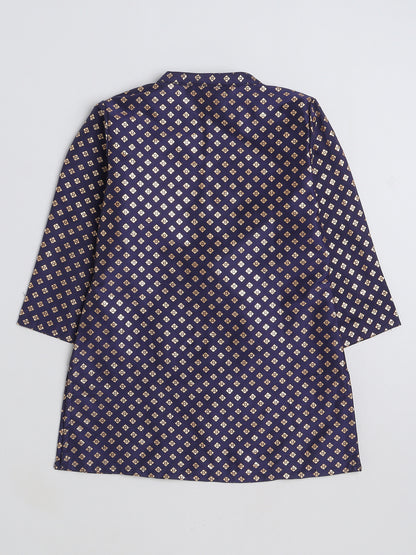 Full Sleeves Foil Printed Golden Piping Placket Kurta & Pyjama Set For Boys-Navy