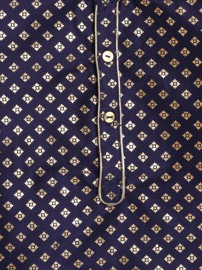Full Sleeves Foil Printed Golden Piping Placket Kurta & Pyjama Set For Boys-Navy