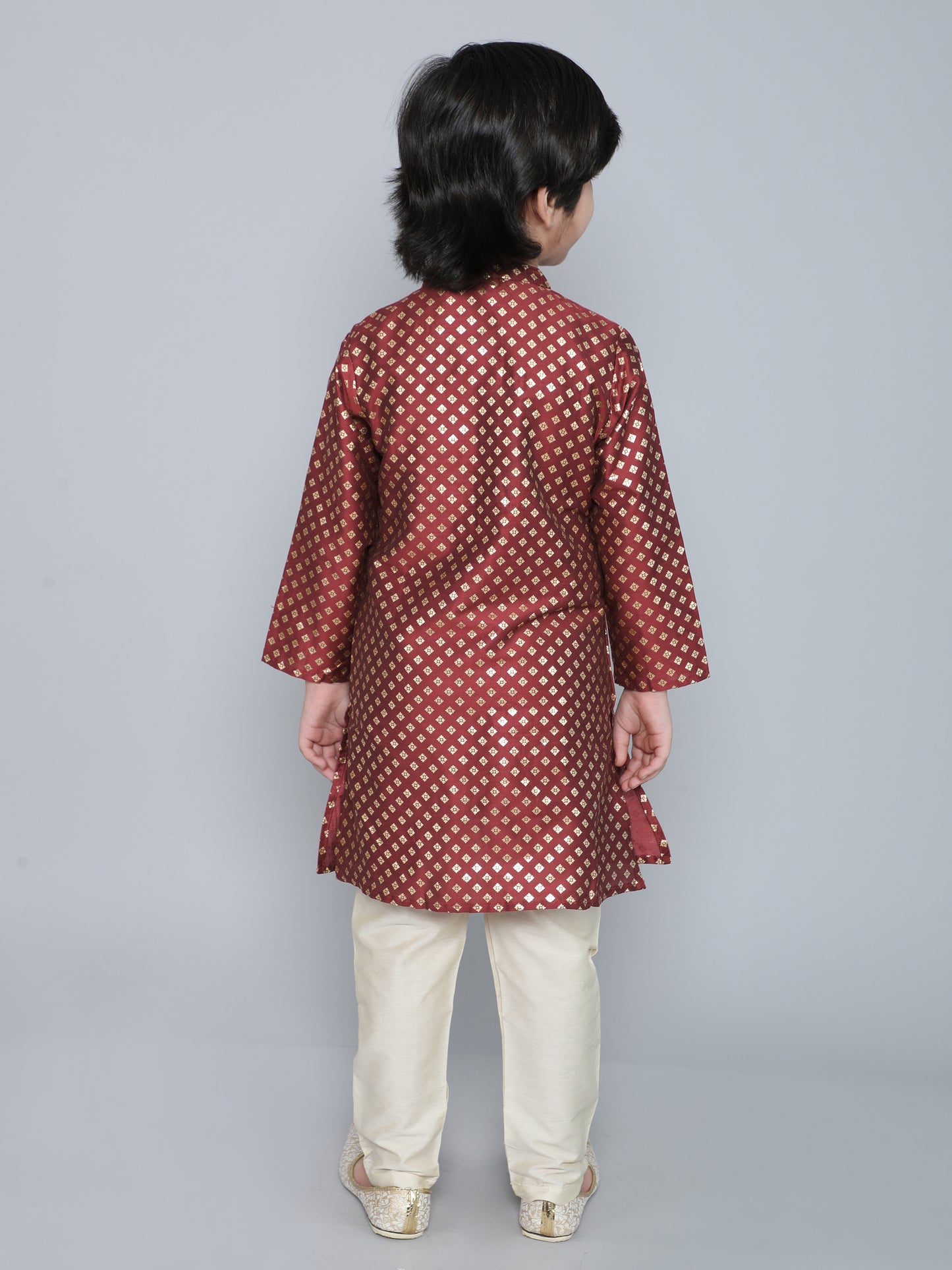 Full Sleeves Foil Printed Golden Piping Placket Kurta & Pyjama Set For Boys-Maroon