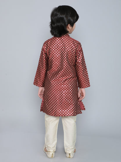 Full Sleeves Foil Printed Golden Piping Placket Kurta & Pyjama Set For Boys-Maroon