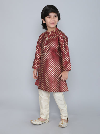 Full Sleeves Foil Printed Golden Piping Placket Kurta & Pyjama Set For Boys-Maroon