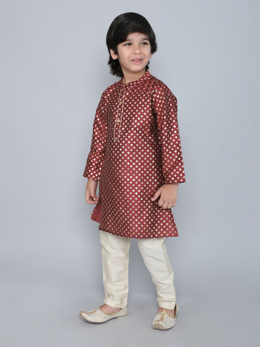 Full Sleeves Foil Printed Golden Piping Placket Kurta & Pyjama Set For Boys-Maroon