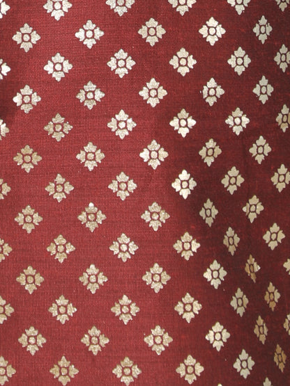 Full Sleeves Foil Printed Golden Piping Placket Kurta & Pyjama Set For Boys-Maroon