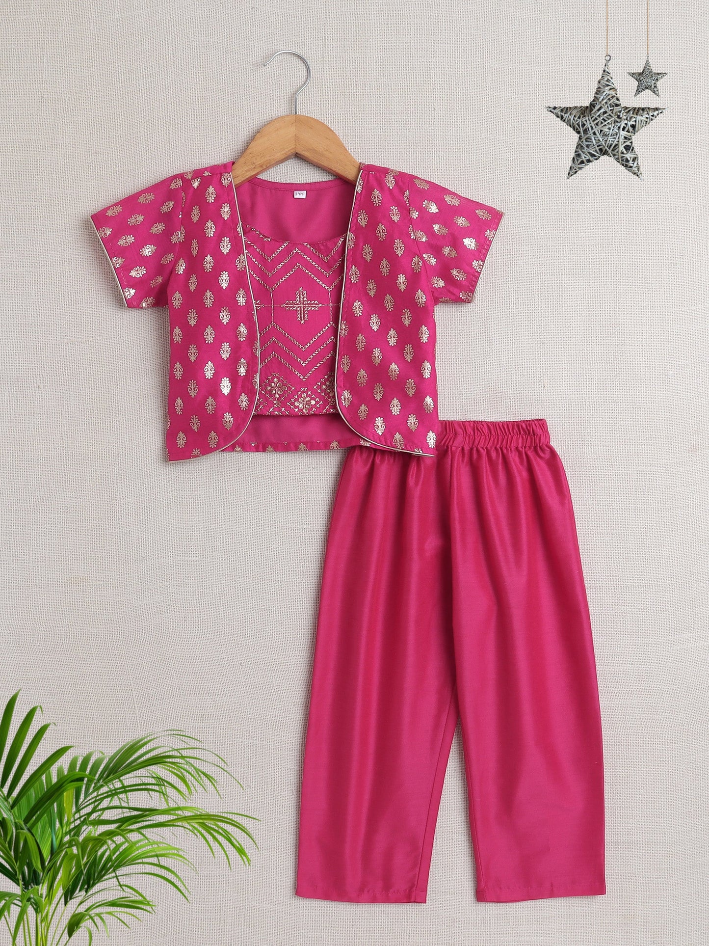 The Magic Wand Half Sleeves Foil Print Kurta With Jacket And Pant Set  Fuchsia