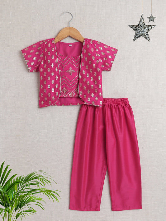 The Magic Wand Half Sleeves Foil Print Kurta With Jacket And Pant Set  Fuchsia