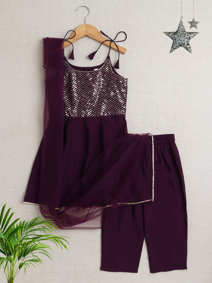 Sleeveless Embellished Kurta Set- Purple