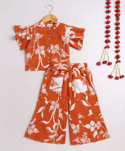 The Magic Wand Cotton Woven Frill Sleeves Floral Printed Top and Bottom Co Ordinating Set- Rust