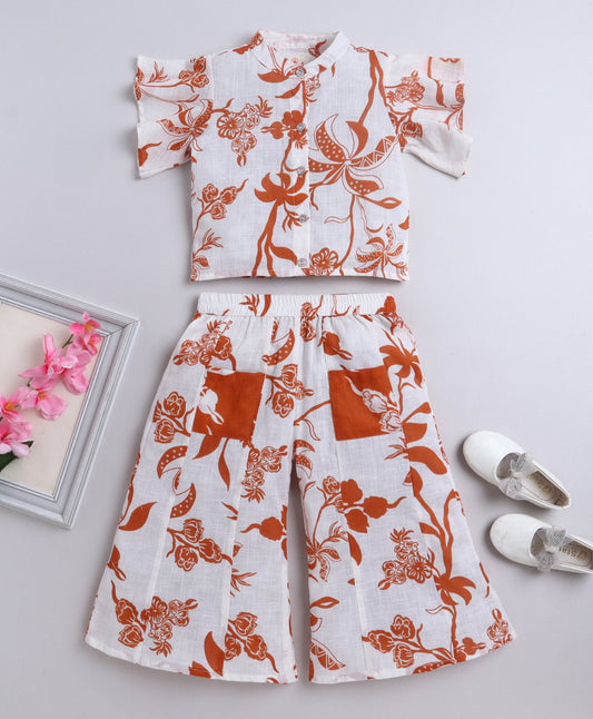 The Magic Wand Slub Cotton Frill Sleeves Floral Printed Top and Bottom Co Ord Set- Off White