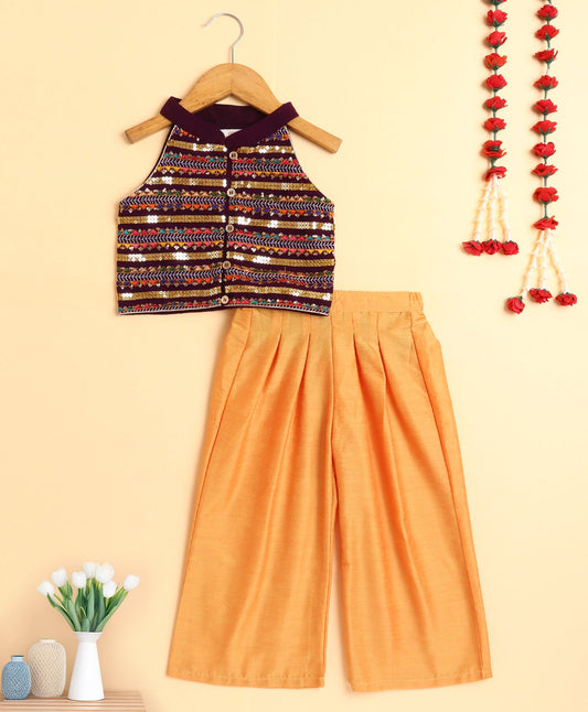 The Magic Wand Woven Sleeveless Traditional Embellished Incut Top and Bottom Set- Purple,Orange