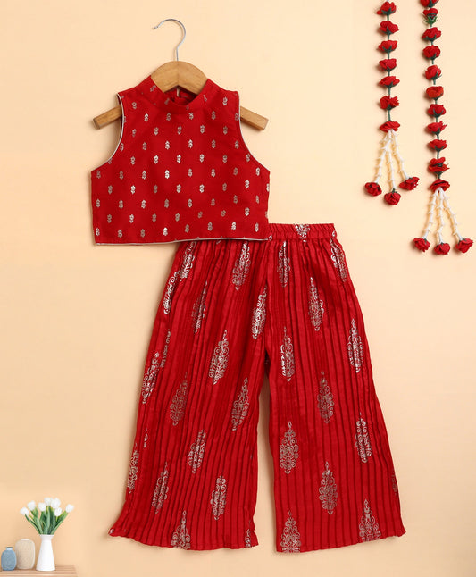 The Magic Wand Woven Sleeveless Butti Printed Top and Pleated Foil Pants -  Red