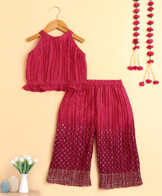 The Magic Wand Woven Sleeveless Foil Printed Incut Top and Bottom Set- Fuchisa