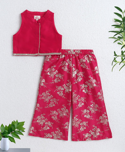 The Magic Wand Woven Incut Solid Top with Foil Plazzo Set- Fuchsia