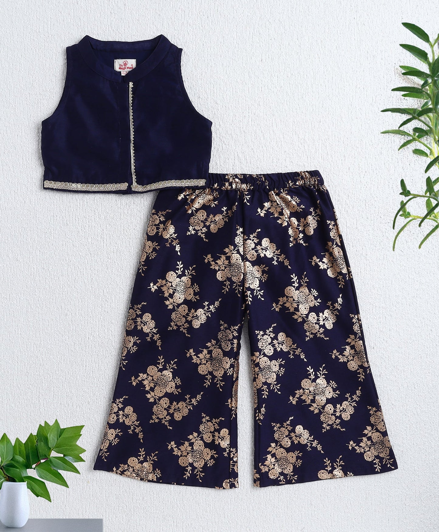Woven Incut Solid Top with Foil Plazzo Set- Navy Blue