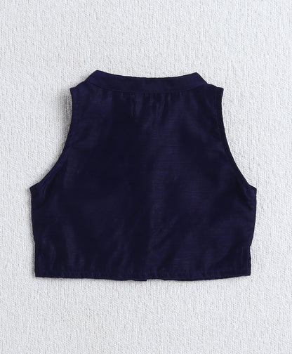 Woven Incut Solid Top with Foil Plazzo Set- Navy Blue