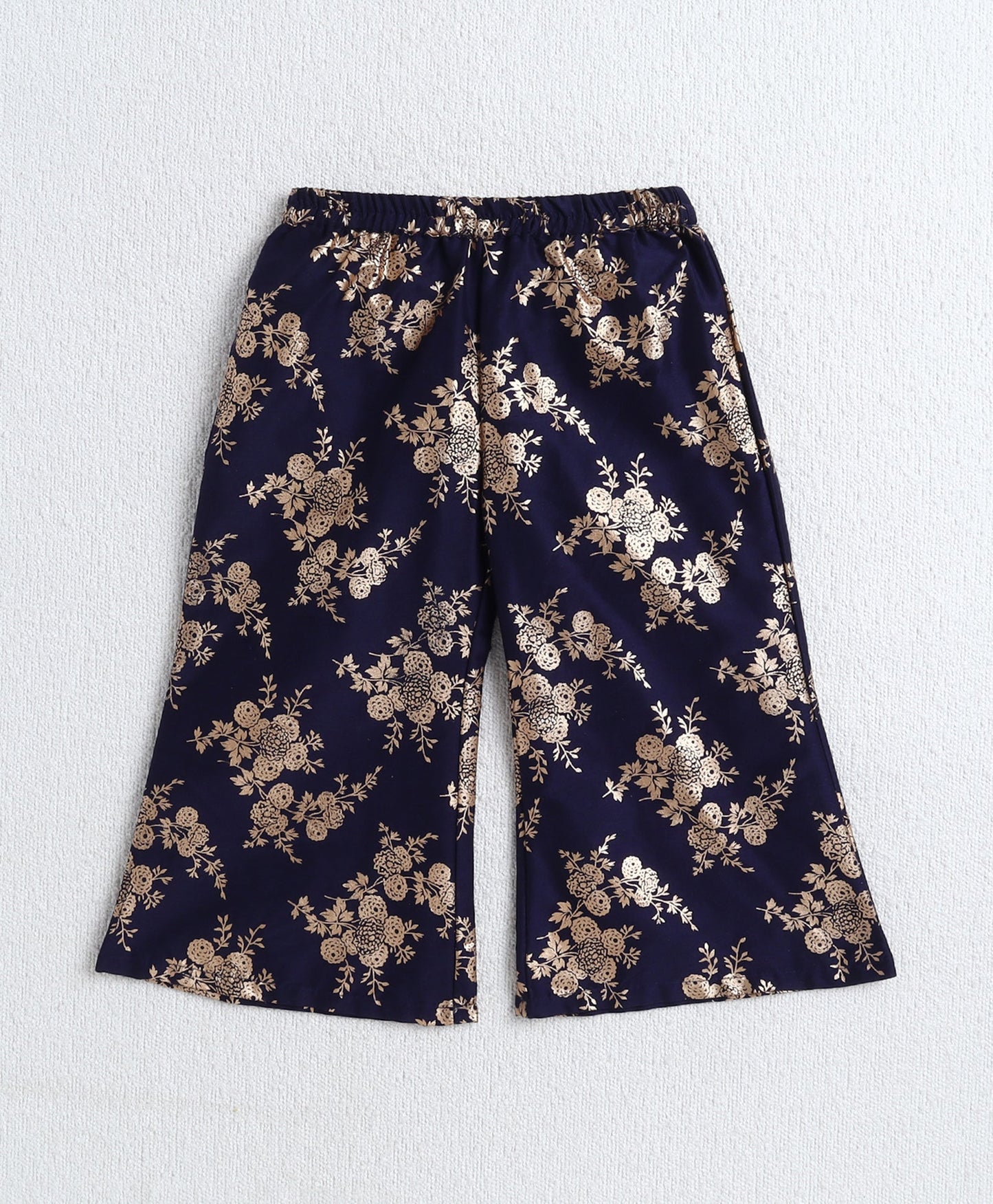 Woven Incut Solid Top with Foil Plazzo Set- Navy Blue