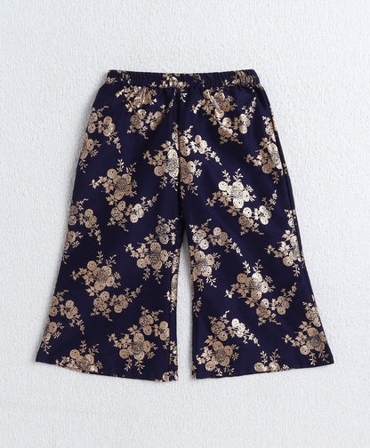Woven Incut Solid Top with Foil Plazzo Set- Navy Blue
