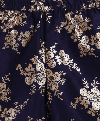 Woven Incut Solid Top with Foil Plazzo Set- Navy Blue