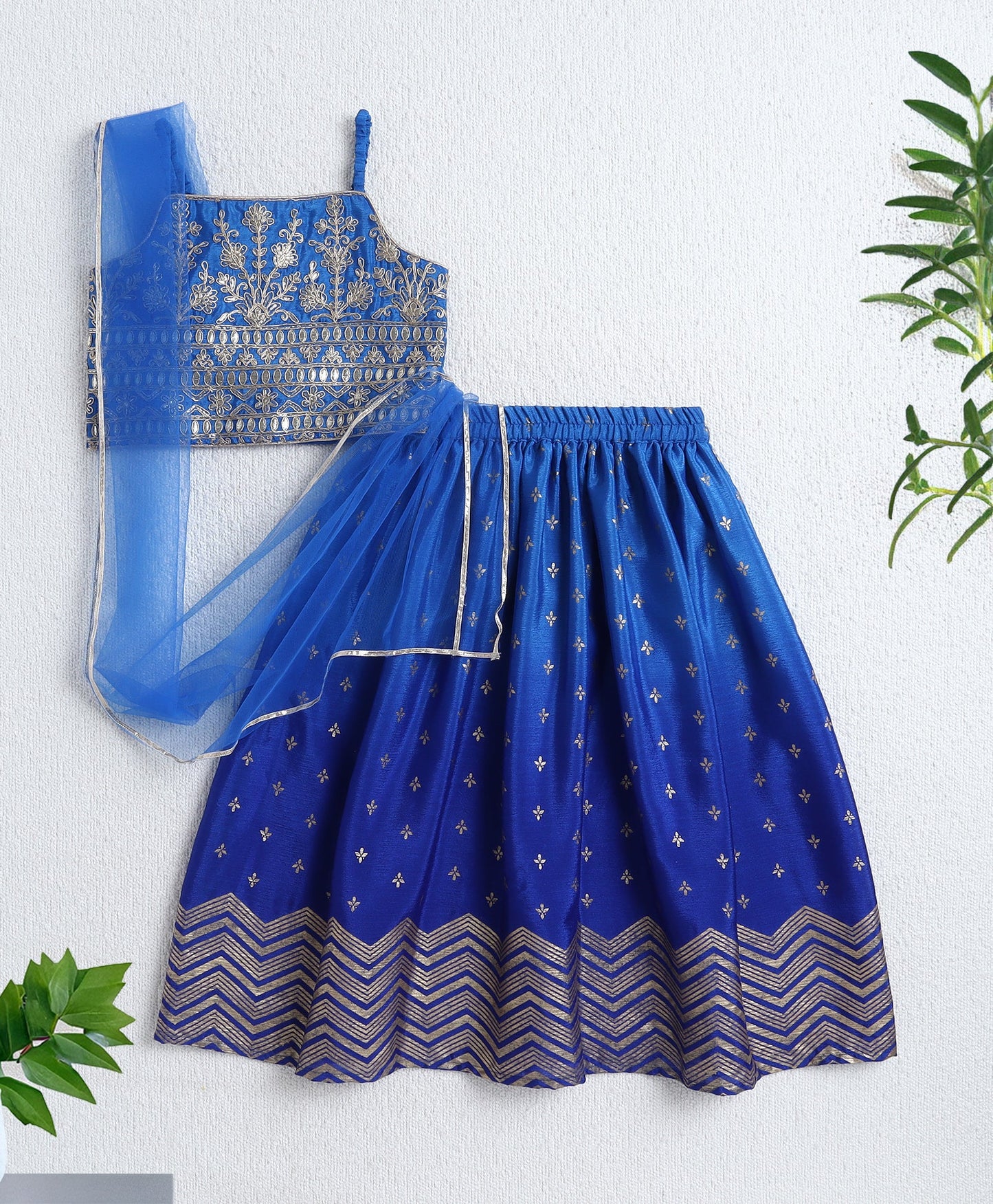 Woven Singlet Floral Zari Choli and Foil Lehenga Set with Dupatta- Blue