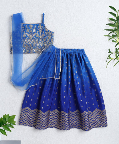 Woven Singlet Floral Zari Choli and Foil Lehenga Set with Dupatta- Blue
