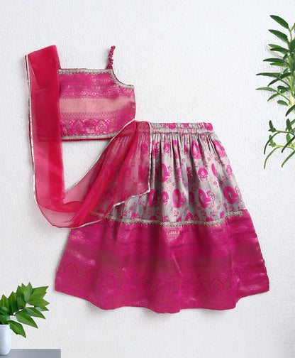 Woven Singlet Printed Choli and Lehenga with Dupatta Set- Fuchsia