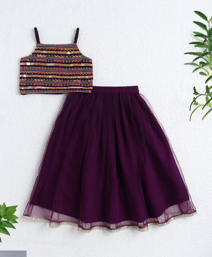 Woven Singlet Embroidered Choli and Lehenga with Dupatta Set- Purple