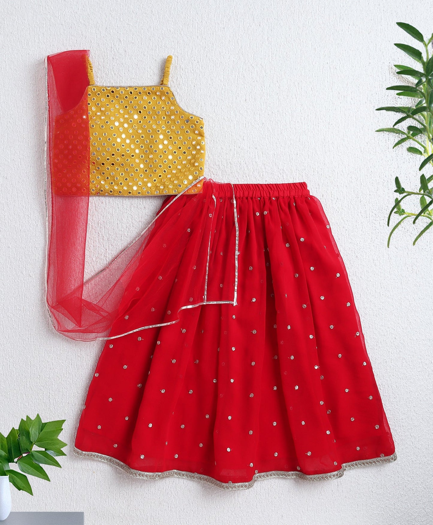 Woven Singlet Mirror Work Choli and Lehenga with Dupatta- Yellow