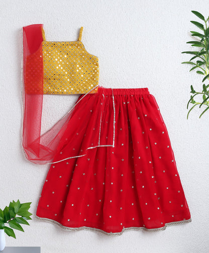 Woven Singlet Mirror Work Choli and Lehenga with Dupatta- Yellow