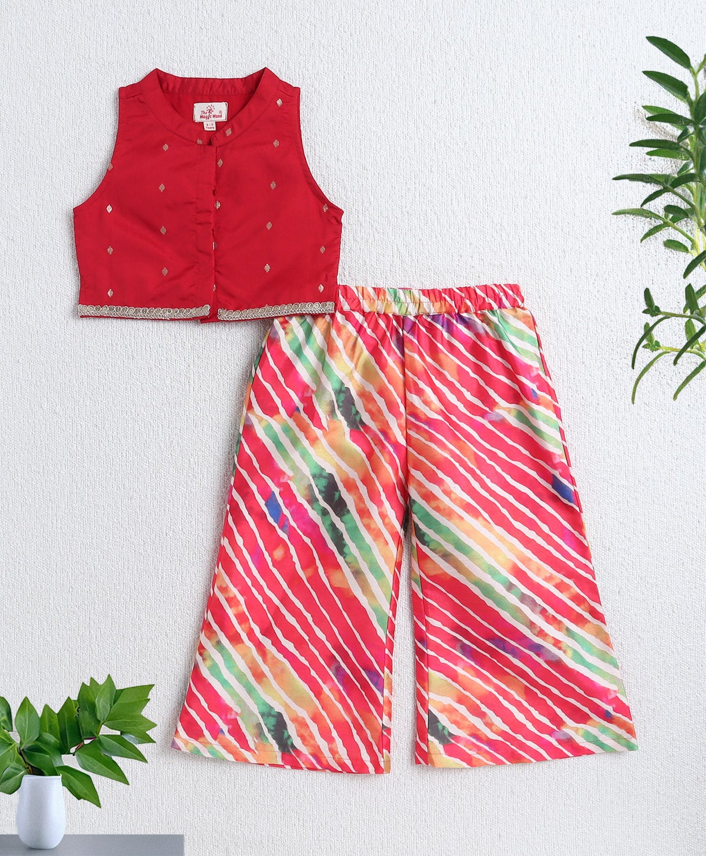 Woven Sleeveless Solid Top and Stipe Printed Set- Red