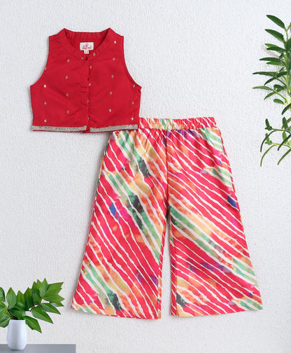 Woven Sleeveless Solid Top and Stipe Printed Set- Red
