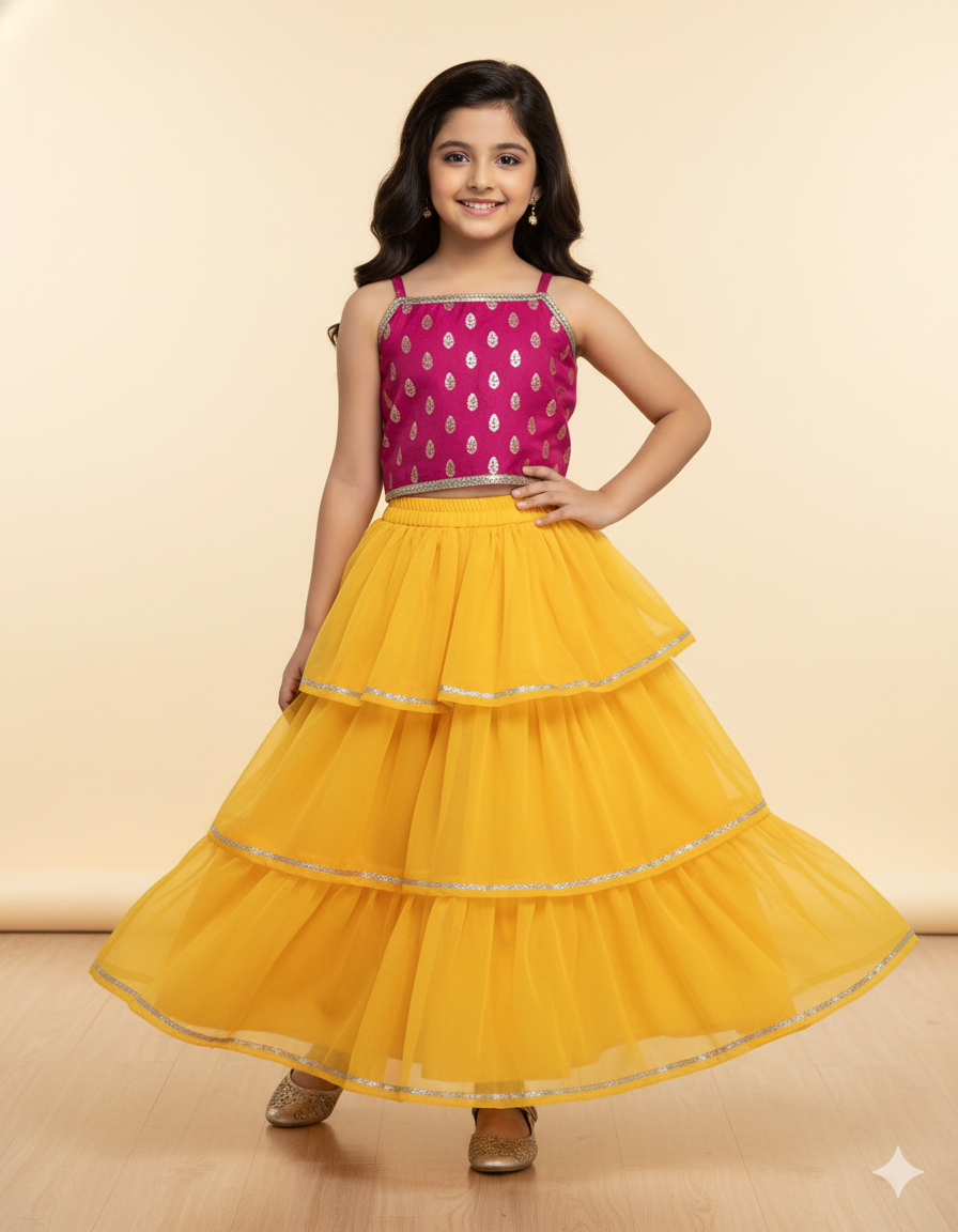The Magic Wand Woven Singlet Foil Print Choli with Layered Lehenga Set- Yellow