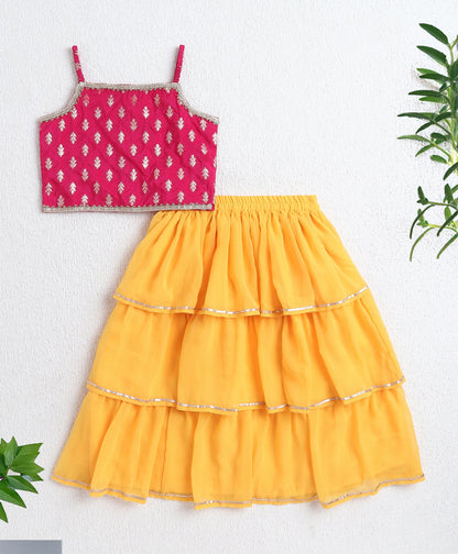 The Magic Wand Woven Singlet Foil Print Choli with Layered Lehenga Set- Yellow
