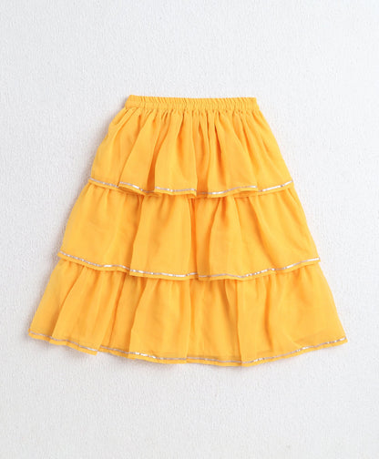 The Magic Wand Woven Singlet Foil Print Choli with Layered Lehenga Set- Yellow