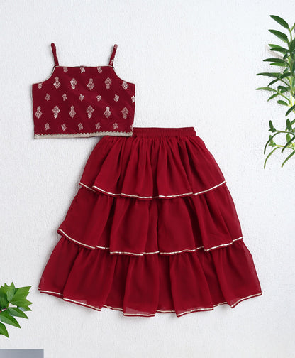 The Magic Wand Woven Singlet Foil Print Choli with Layered Lehenga Set- Maroon