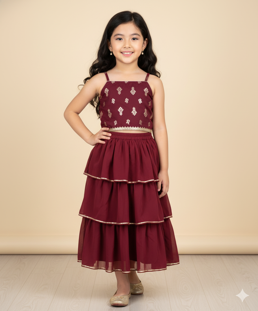 The Magic Wand Woven Singlet Foil Print Choli with Layered Lehenga Set- Maroon