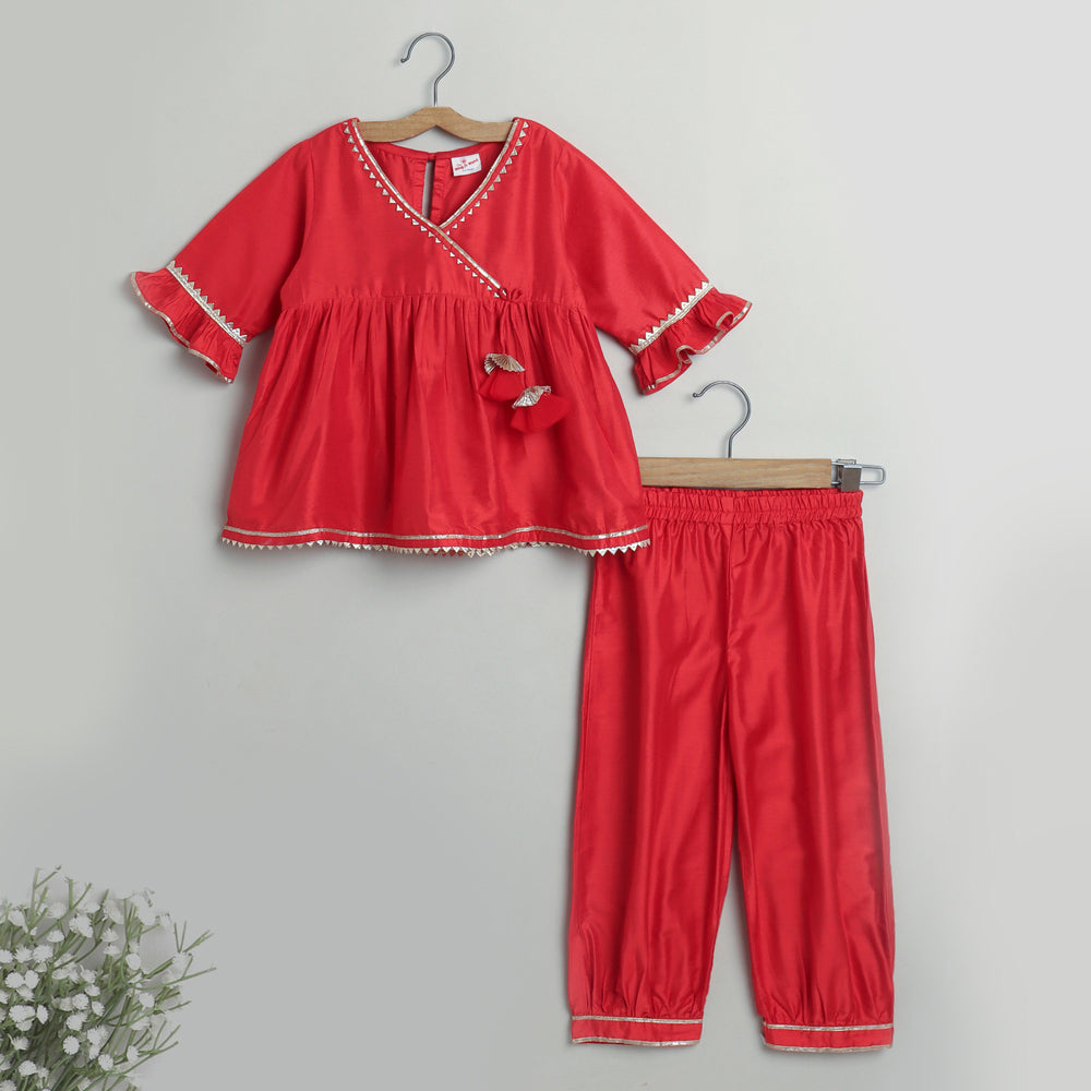 The Magic Wand Lace Embelished Full Sleeves tassles Kurta with Ballon Pants-Red
