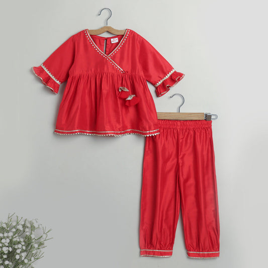 The Magic Wand Lace Embelished Full Sleeves tassles Kurta with Ballon Pants-Red