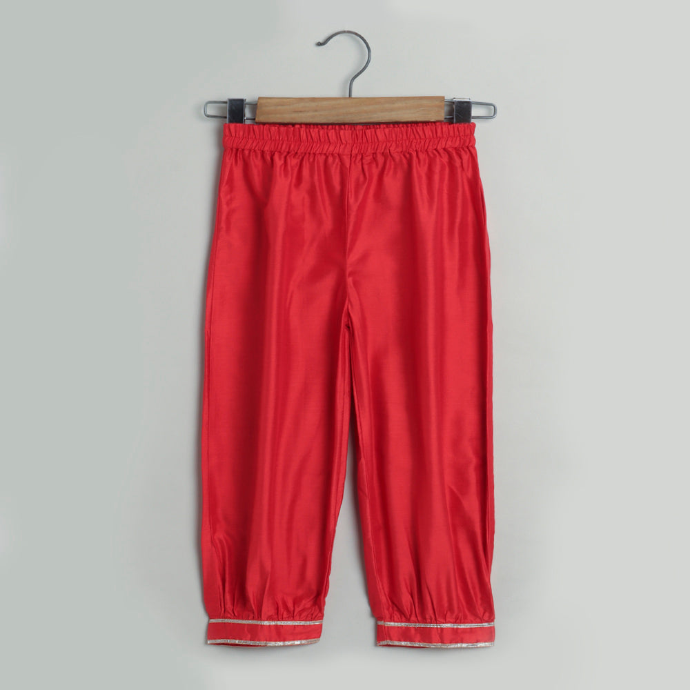 The Magic Wand Lace Embelished Full Sleeves tassles Kurta with Ballon Pants-Red