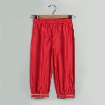 The Magic Wand Lace Embelished Full Sleeves tassles Kurta with Ballon Pants-Red